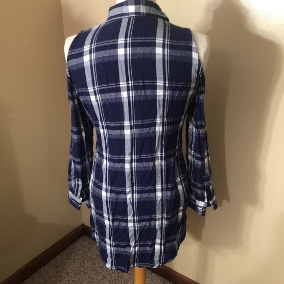 Guess Blue Plaid Button Up Cold Shoulder Shirtdress Sz M - Picture 8 of 8